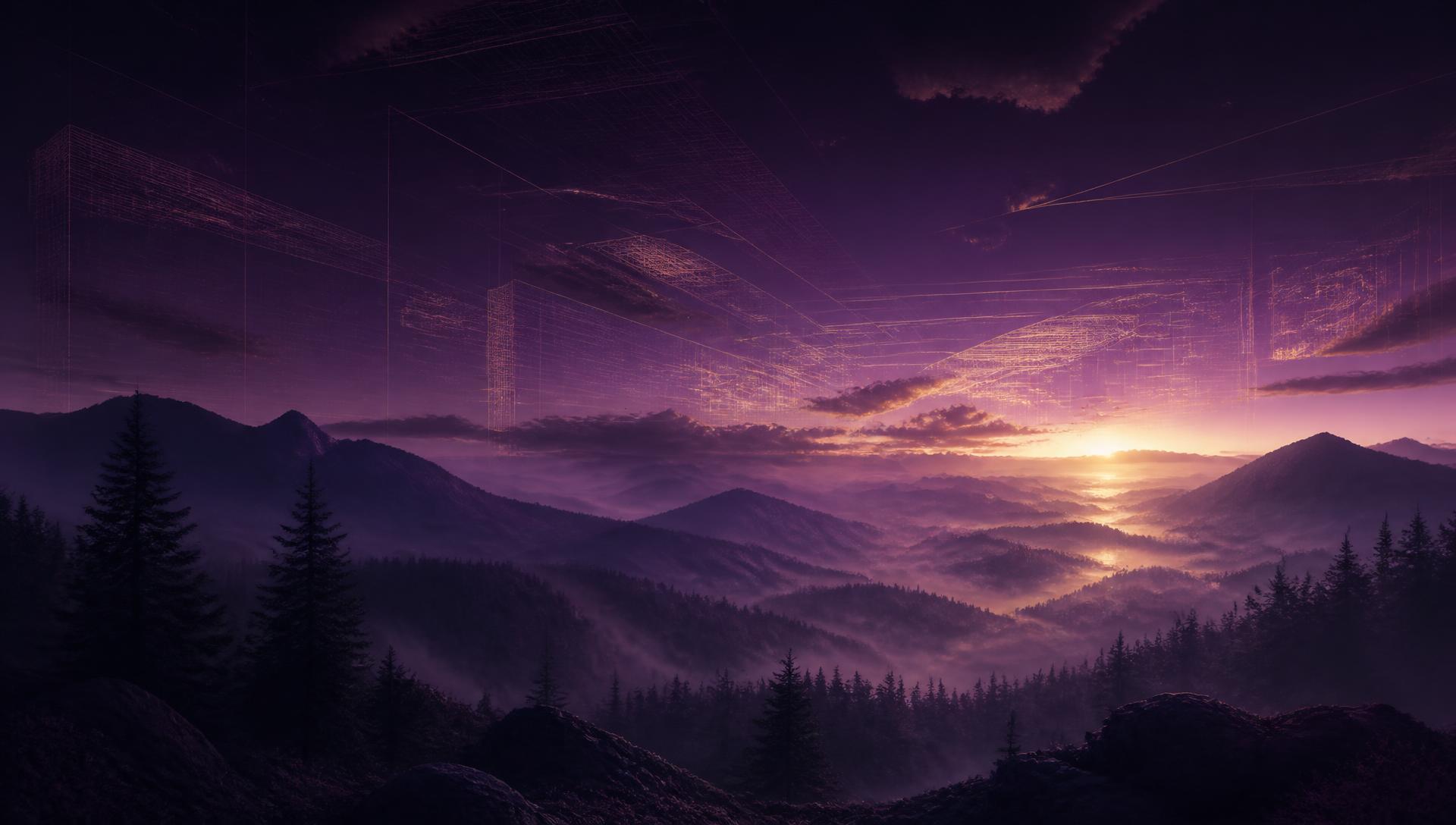Twilight mountain landscape with glowing wireframe structures in the sky